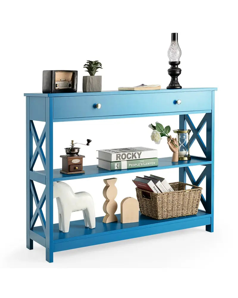 Console Table 3-Tier with Drawer and Storage Shelves-Blue - Blue - Console Tables