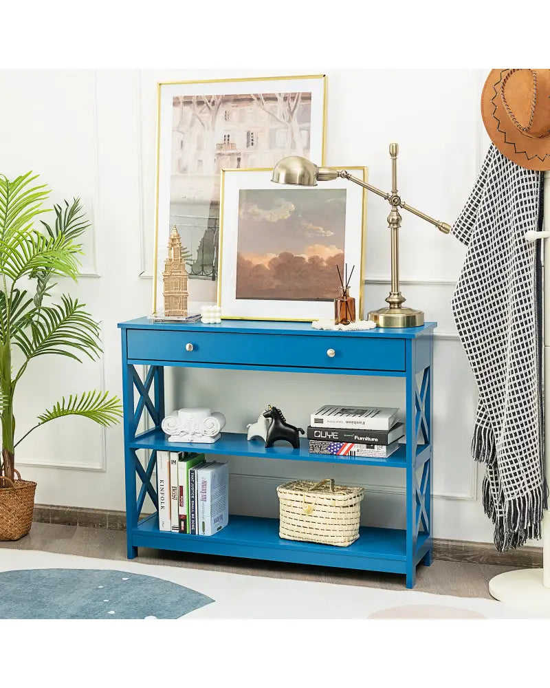 Console Table 3-Tier with Drawer and Storage Shelves-Blue - Blue - Console Tables