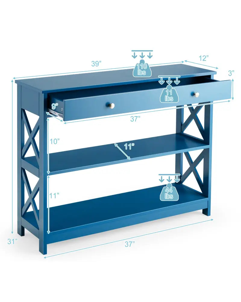 Console Table 3-Tier with Drawer and Storage Shelves-Blue - Blue - Console Tables