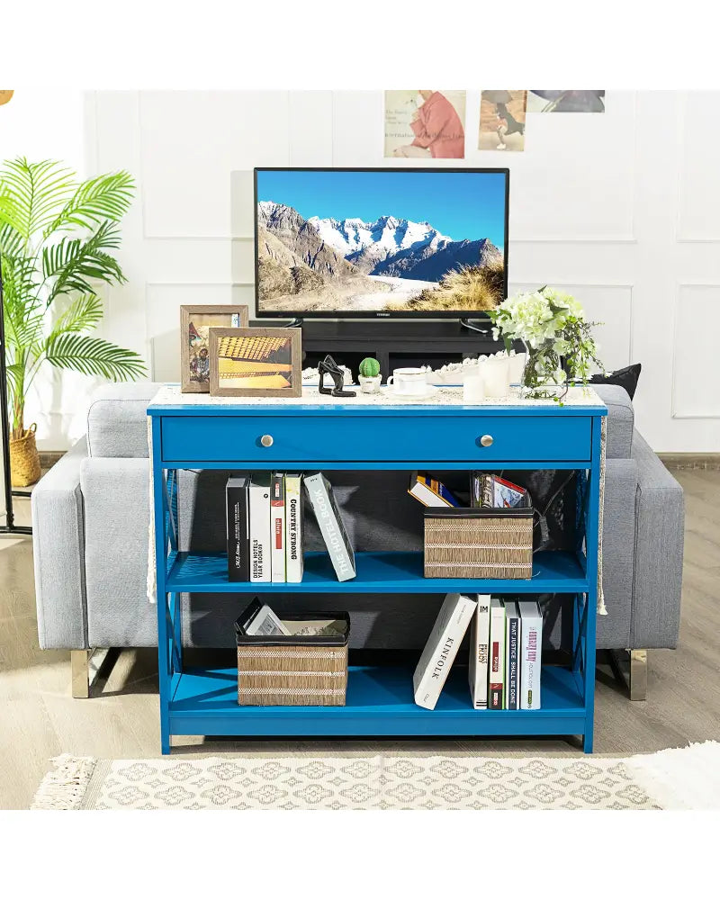 Console Table 3-Tier with Drawer and Storage Shelves-Blue - Blue - Console Tables