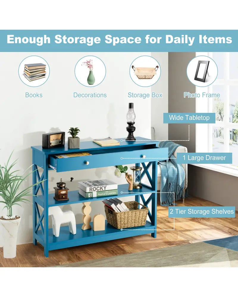 Console Table 3-Tier with Drawer and Storage Shelves-Blue - Blue - Console Tables