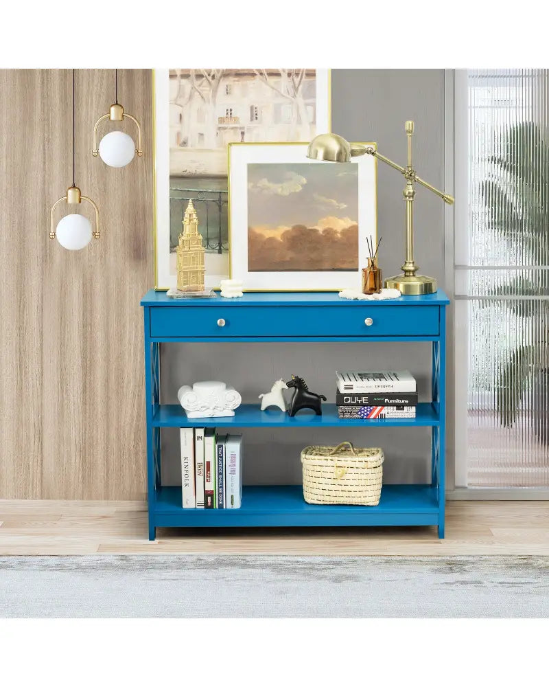 Console Table 3-Tier with Drawer and Storage Shelves-Blue - Blue - Console Tables