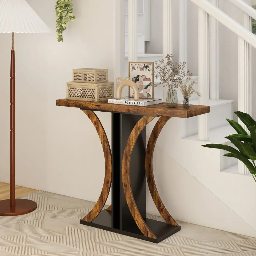 Console Table 39.5 Inch Rectangular Entryway Table with Geometric Frame-Rustic Brown - Rustic Brown - Console Tables