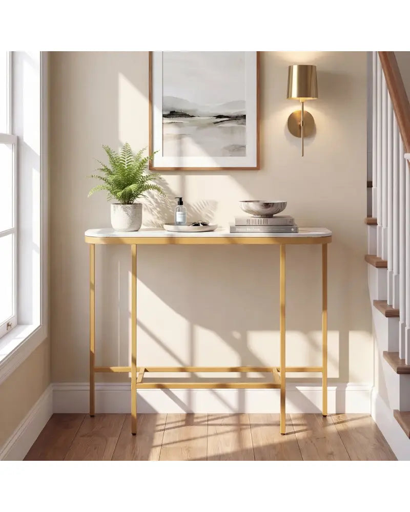 Console Table 44-Inch Entryway Table with Faux Marble Tabletop and Heavy-Duty Metal Frame-White - White - Console Tables