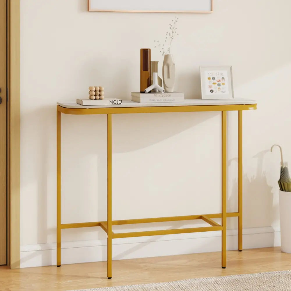 Console Table 44-Inch Entryway Table with Faux Marble Tabletop and Heavy-Duty Metal Frame-White - White - Console Tables