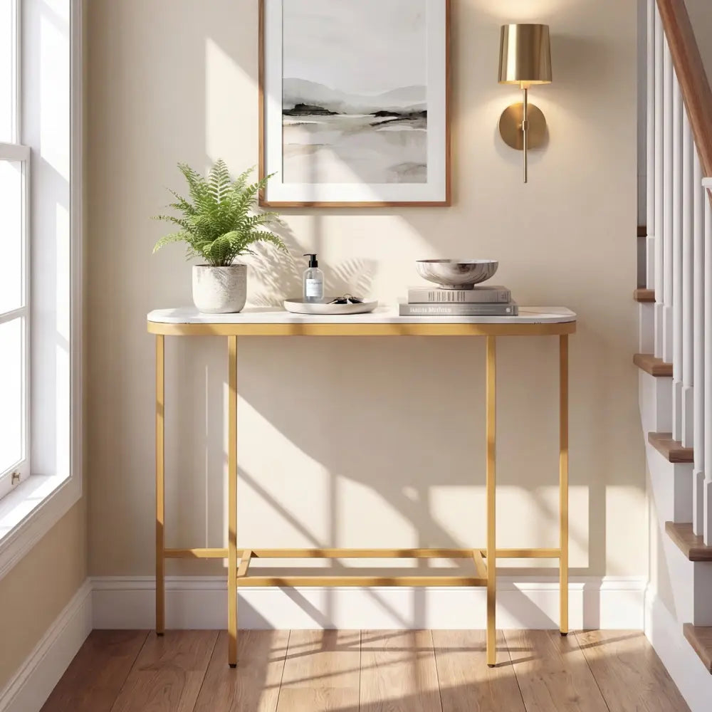 Console Table 44-Inch Entryway Table with Faux Marble Tabletop and Heavy-Duty Metal Frame-White - White - Console Tables