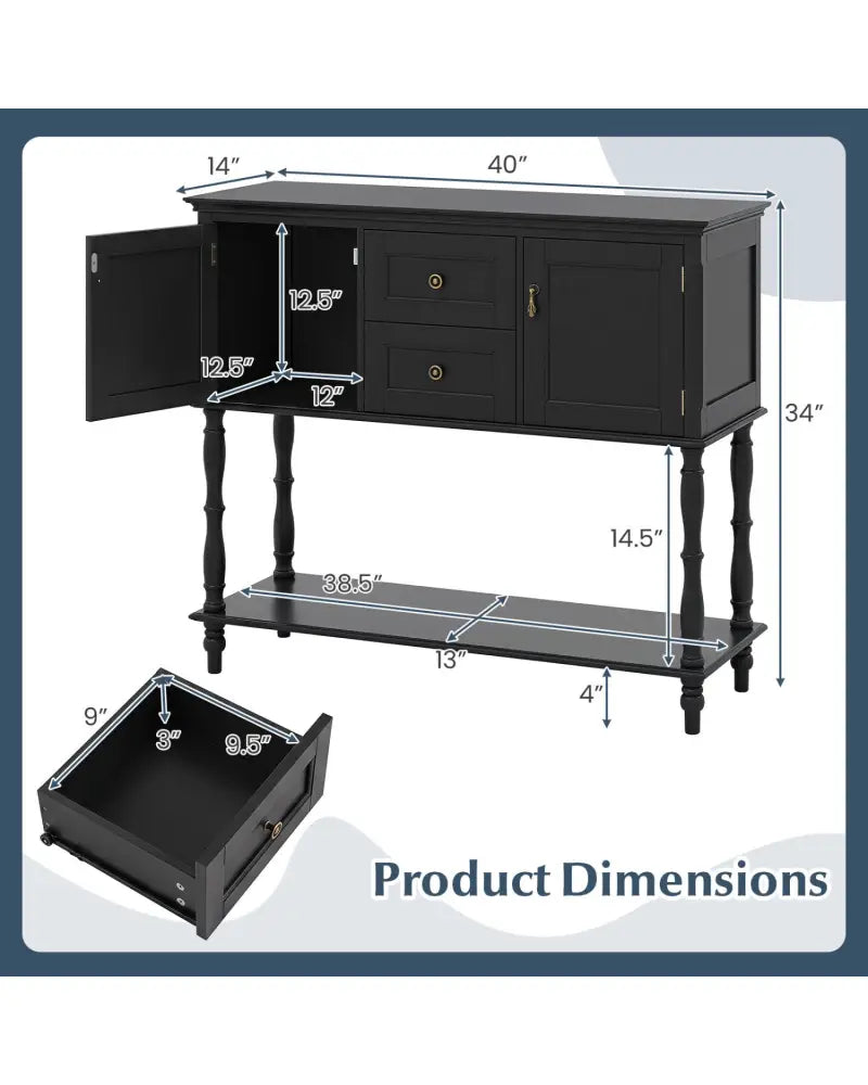 Console Table with 2 Drawers and 2 Door Cabinets and Bottom Storage Shelf-Black - Black - Console Tables