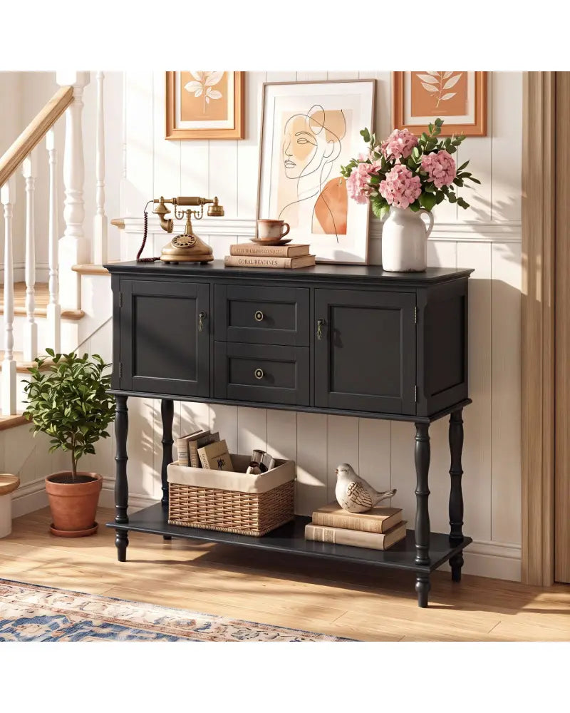 Console Table with 2 Drawers and 2 Door Cabinets and Bottom Storage Shelf-Black - Black - Console Tables