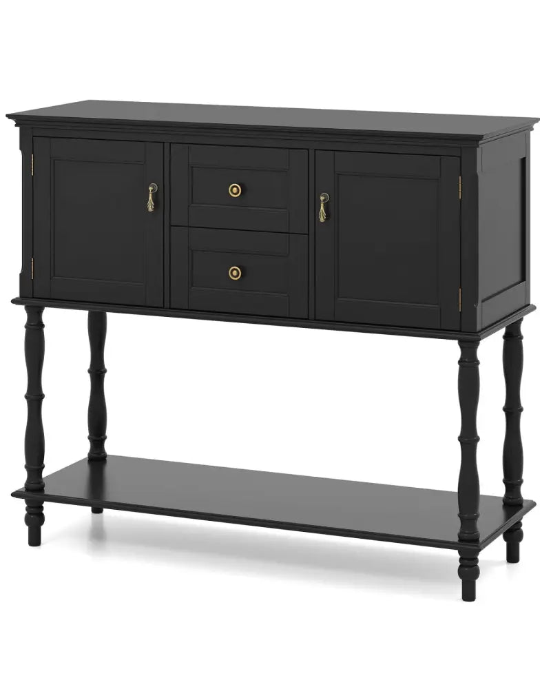 Console Table with 2 Drawers and 2 Door Cabinets and Bottom Storage Shelf-Black - Black - Console Tables