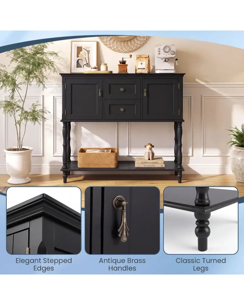 Console Table with 2 Drawers and 2 Door Cabinets and Bottom Storage Shelf-Black - Black - Console Tables