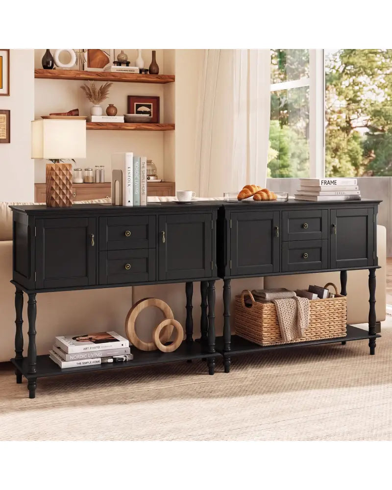 Console Table with 2 Drawers and 2 Door Cabinets and Bottom Storage Shelf-Black - Black - Console Tables