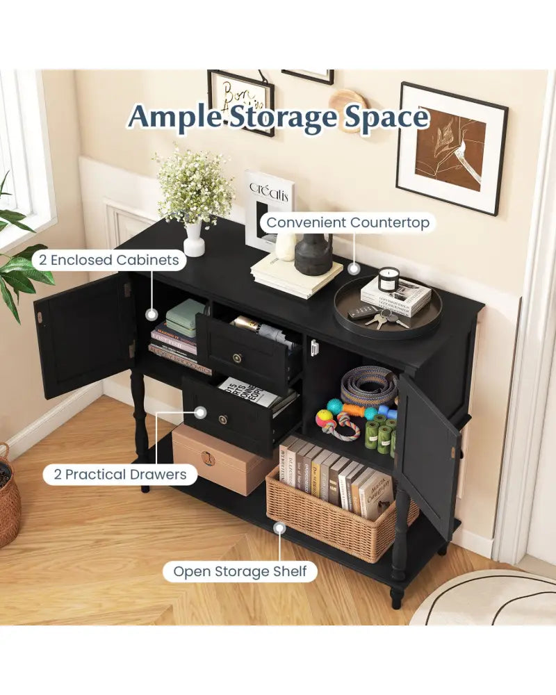 Console Table with 2 Drawers and 2 Door Cabinets and Bottom Storage Shelf-Black - Black - Console Tables
