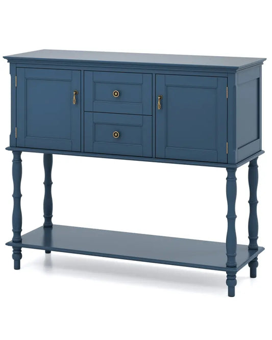 Console Table with 2 Drawers and 2 Door Cabinets and Bottom Storage Shelf-Blue - Blue - Console Tables
