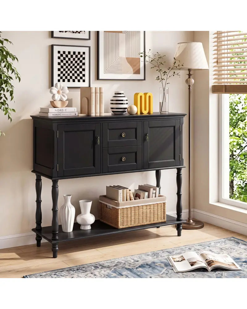 Console Table with 2 Drawers and 2 Door Cabinets and Bottom Storage Shelf-Black - Black - Console Tables