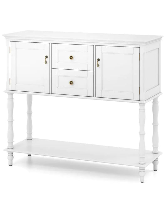 Console Table with 2 Drawers and 2 Door Cabinets and Bottom Storage Shelf-White - Cream White - Console Tables