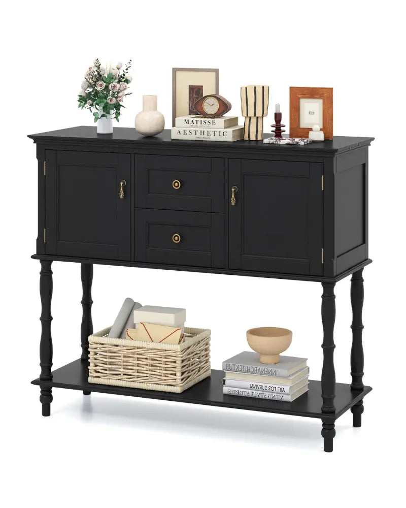 Console Table with 2 Drawers and 2 Door Cabinets and Bottom Storage Shelf-Black - Black - Console Tables