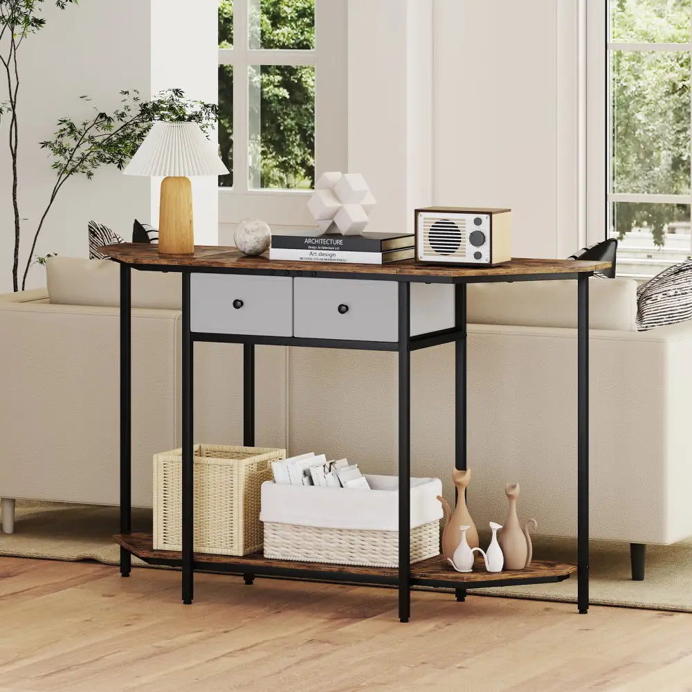 Console Table with 2 Drawers and Open Storage Shelf-Rustic Brown - Rustic Brown - Console Tables