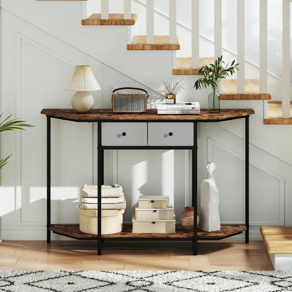 Console Table with 2 Drawers and Open Storage Shelf-Rustic Brown - Rustic Brown - Console Tables