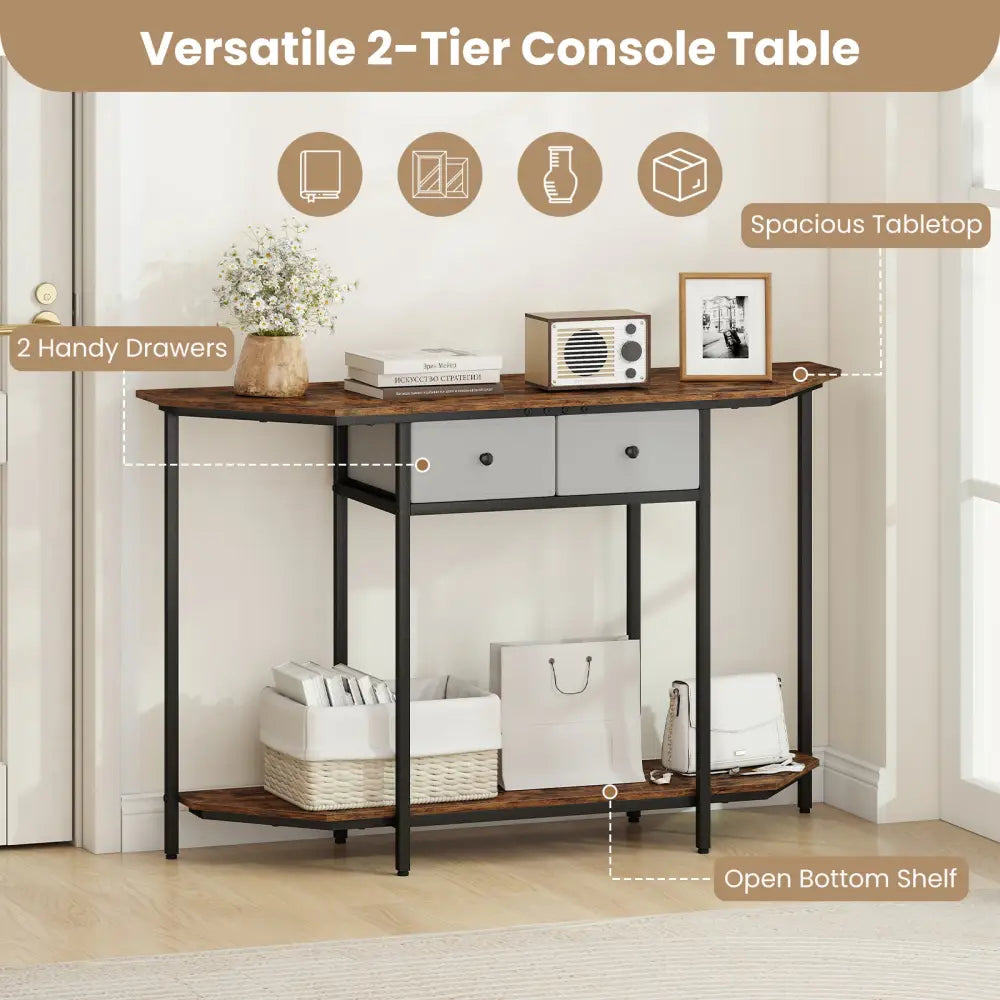 Console Table with 2 Drawers and Open Storage Shelf-Rustic Brown - Rustic Brown - Console Tables