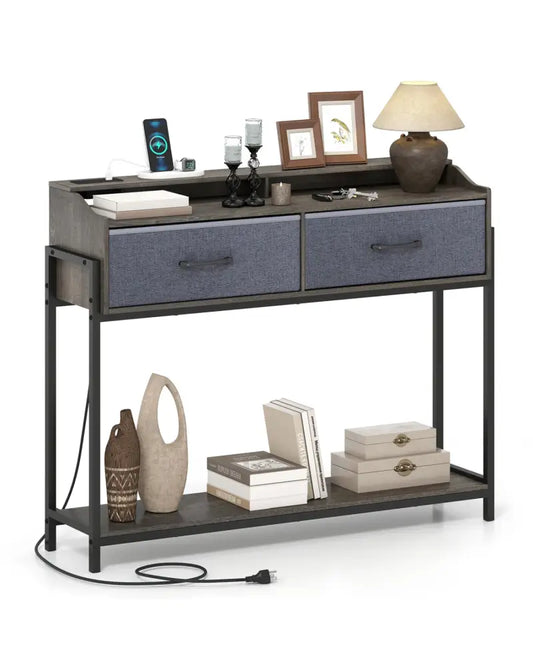 Console Table with Charging Station 110 cm Narrow Entryway Table with 2 Drawers and Shelves-Gray - Gray - Console Tables