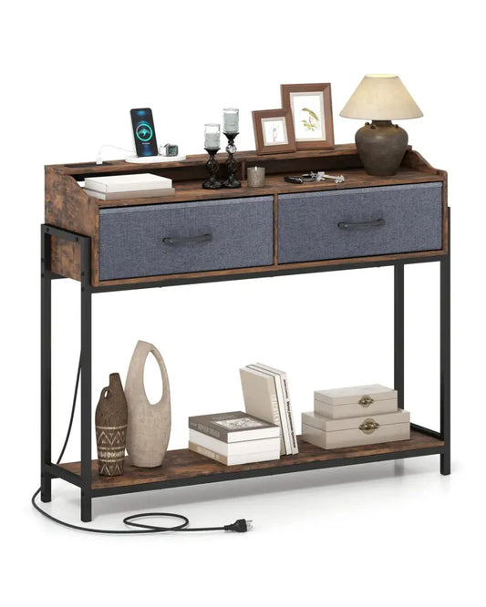 Console Table with Charging Station 110 cm Narrow Entryway Table with 2 Drawers and Shelves-Rustic Brown - Rustic Brown