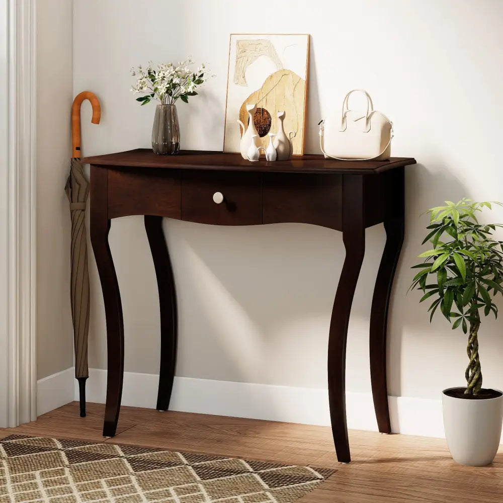 Console Table with Drawer and Solid Wood Frame-Espresso - Espresso - Console Tables