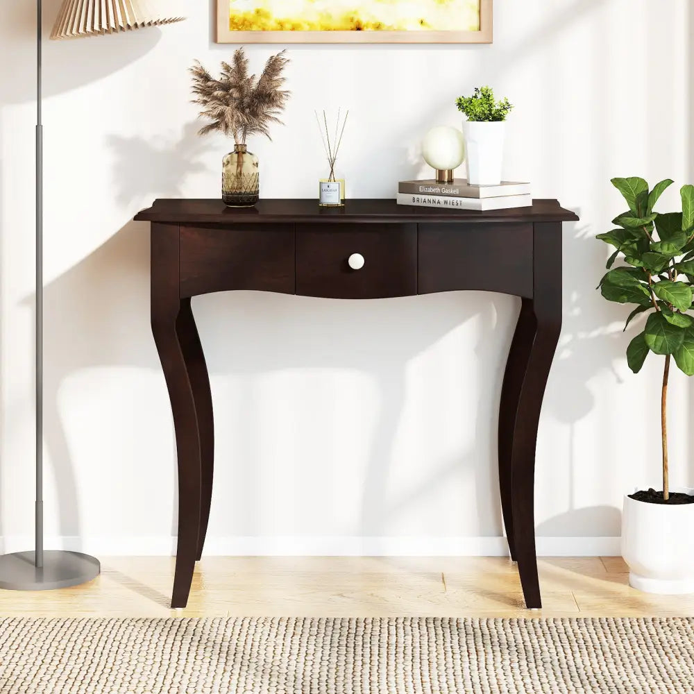 Console Table with Drawer and Solid Wood Frame-Espresso - Espresso - Console Tables