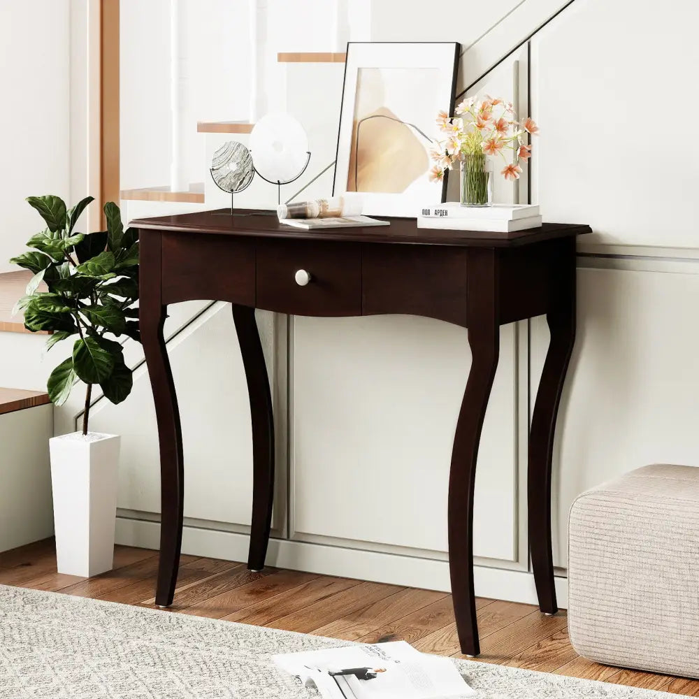 Console Table with Drawer and Solid Wood Frame-Espresso - Espresso - Console Tables