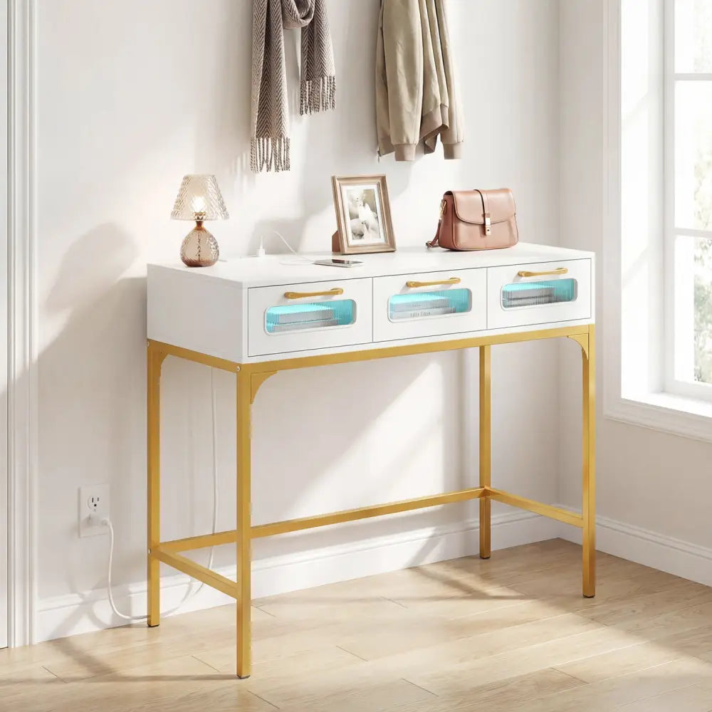 Console Table with LED Lighting and Charging Station for Living Room and Hallway-White - White - Console Tables