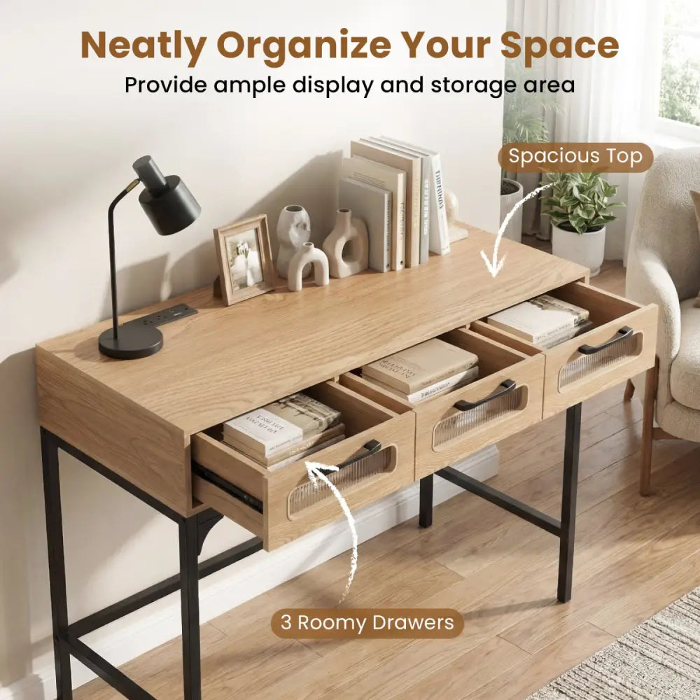 Console Table with LED Lighting and Charging Station for Living Room and Hallway-Natural - Natural - Console Tables