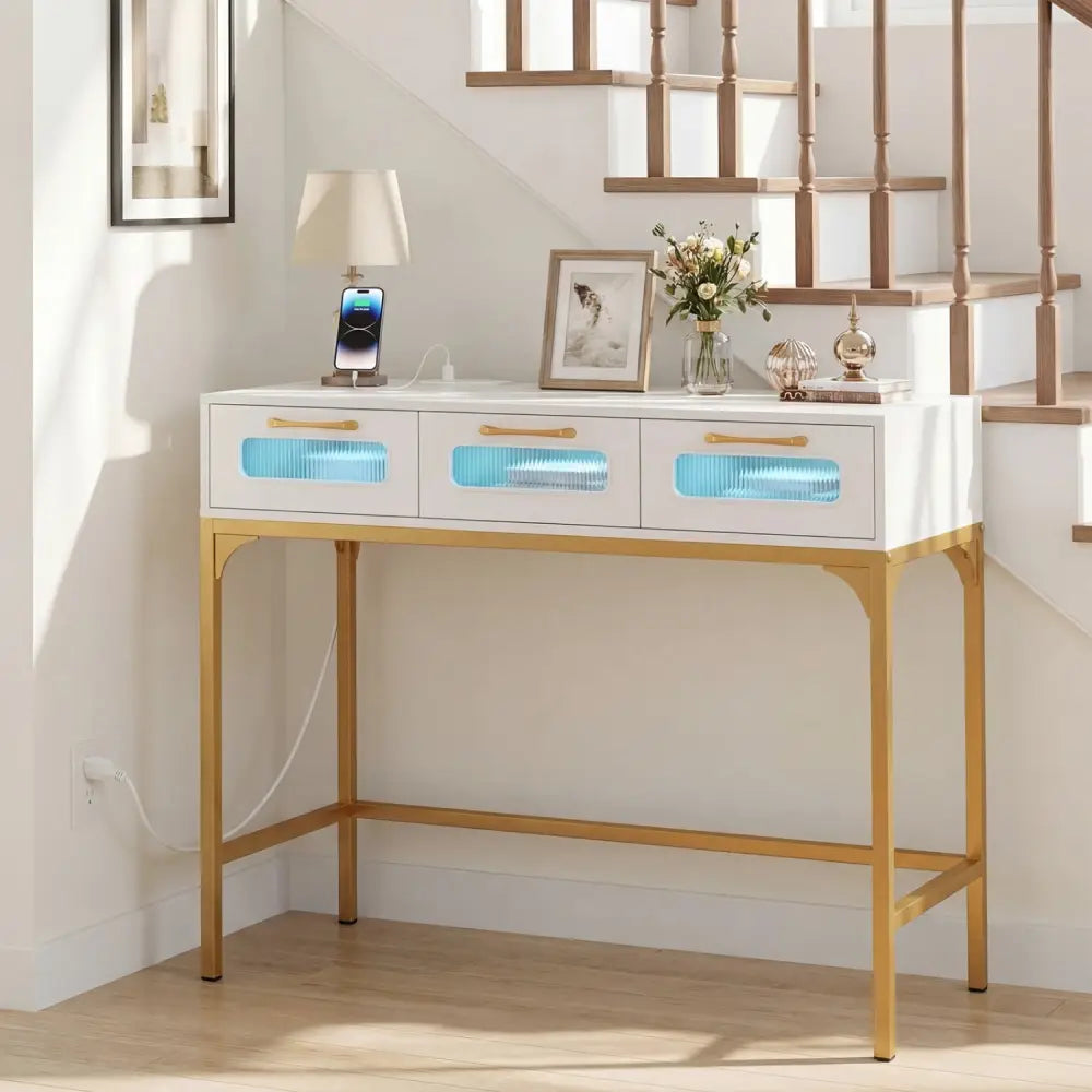 Console Table with LED Lighting and Charging Station for Living Room and Hallway-White - White - Console Tables
