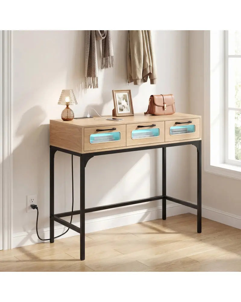 Console Table with LED Lighting and Charging Station for Living Room and Hallway-Natural - Natural - Console Tables
