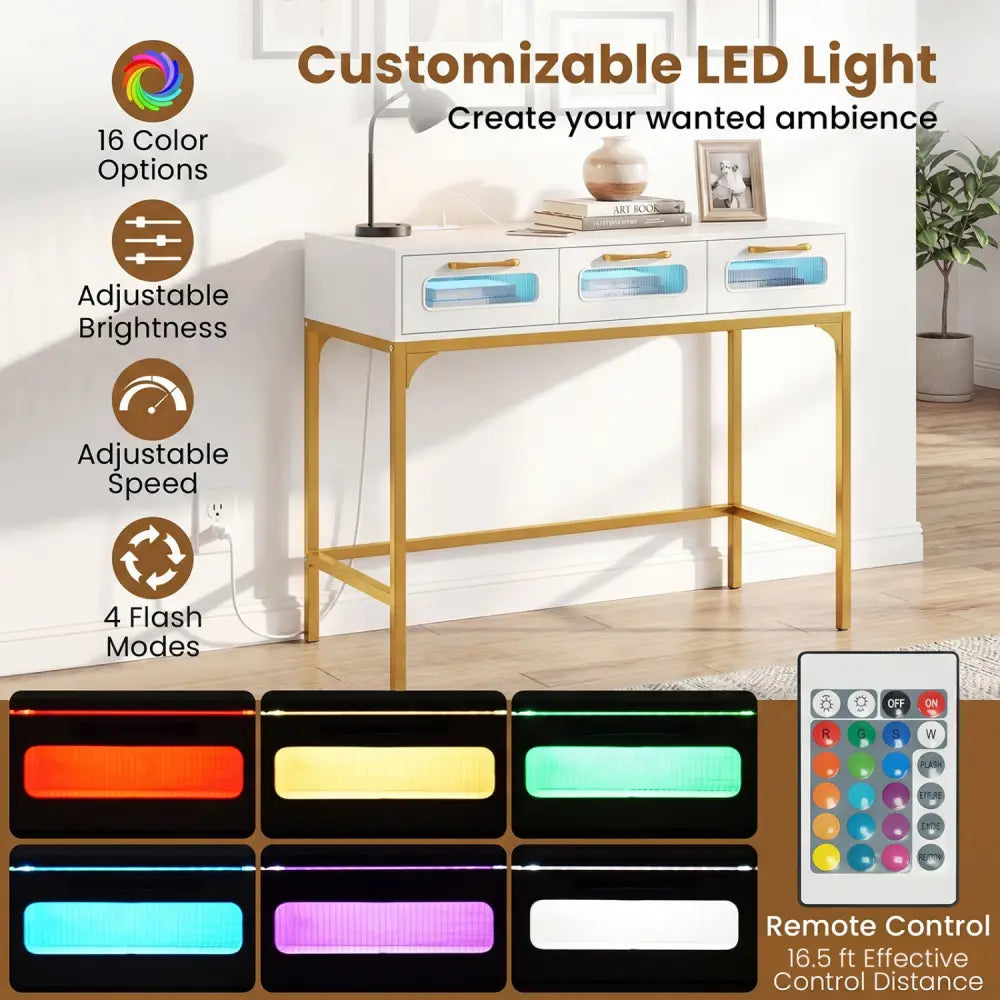 Console Table with LED Lighting and Charging Station for Living Room and Hallway-White - White - Console Tables