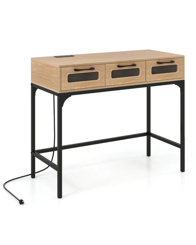 Console Table with LED Lighting and Charging Station for Living Room and Hallway-Natural - Natural - Console Tables