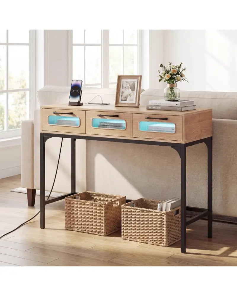 Console Table with LED Lighting and Charging Station for Living Room and Hallway-Natural - Natural - Console Tables