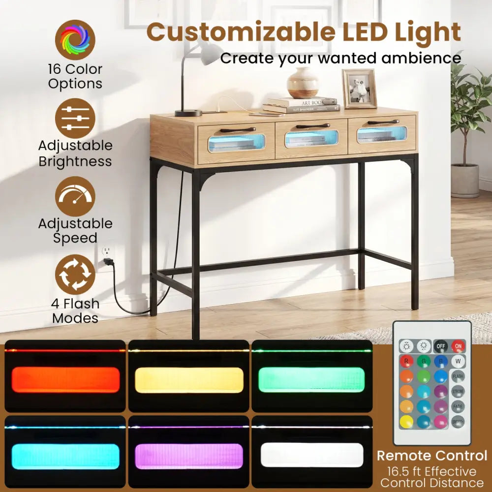 Console Table with LED Lighting and Charging Station for Living Room and Hallway-Natural - Natural - Console Tables