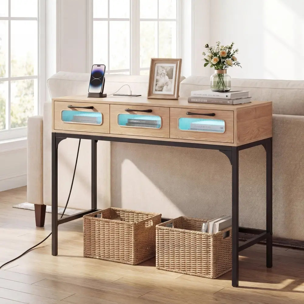 Console Table with LED Lighting and Charging Station for Living Room and Hallway-Natural - Natural - Console Tables