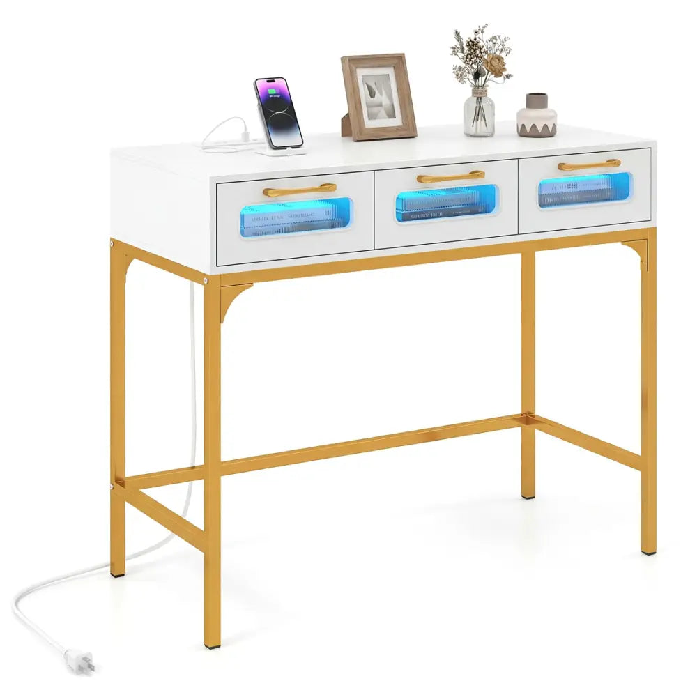 Console Table with LED Lighting and Charging Station for Living Room and Hallway-White - White - Console Tables