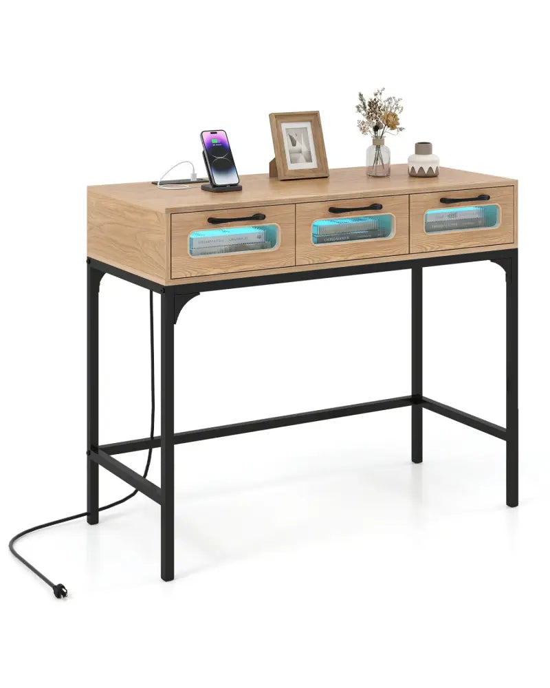 Console Table with LED Lighting and Charging Station for Living Room and Hallway-Natural - Natural - Console Tables