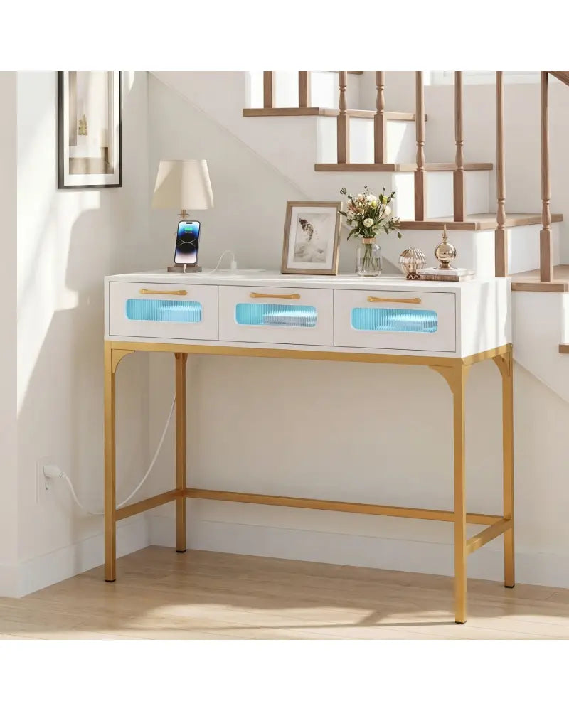 Console Table with LED Lighting and Charging Station for Living Room and Hallway-White - White - Console Tables