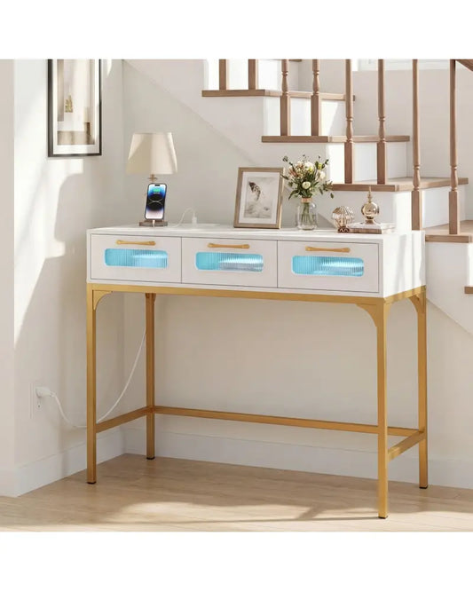Console Table with LED Lighting and Charging Station for Living Room and Hallway-White - White - Console Tables