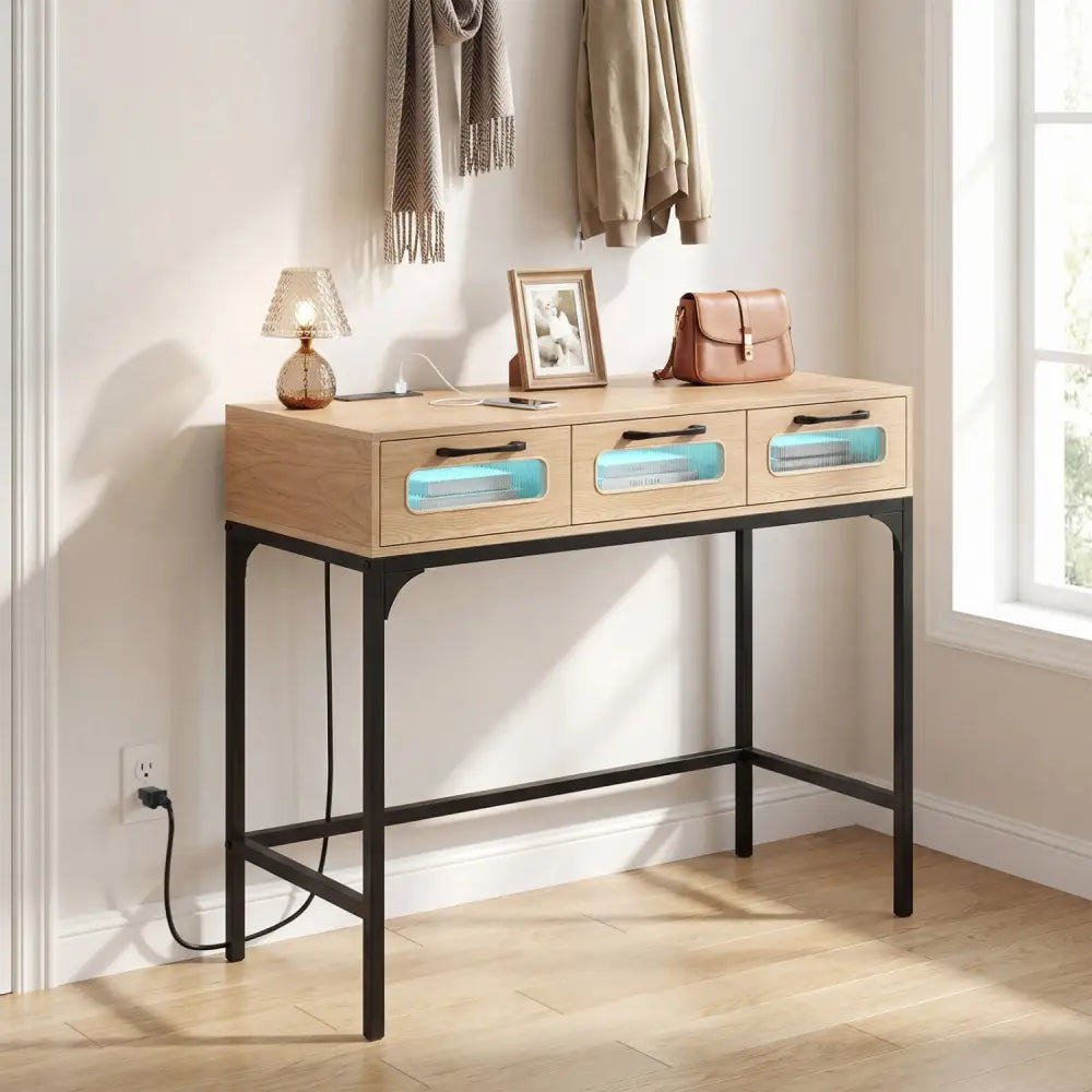 Console Table with LED Lighting and Charging Station for Living Room and Hallway-Natural - Natural - Console Tables
