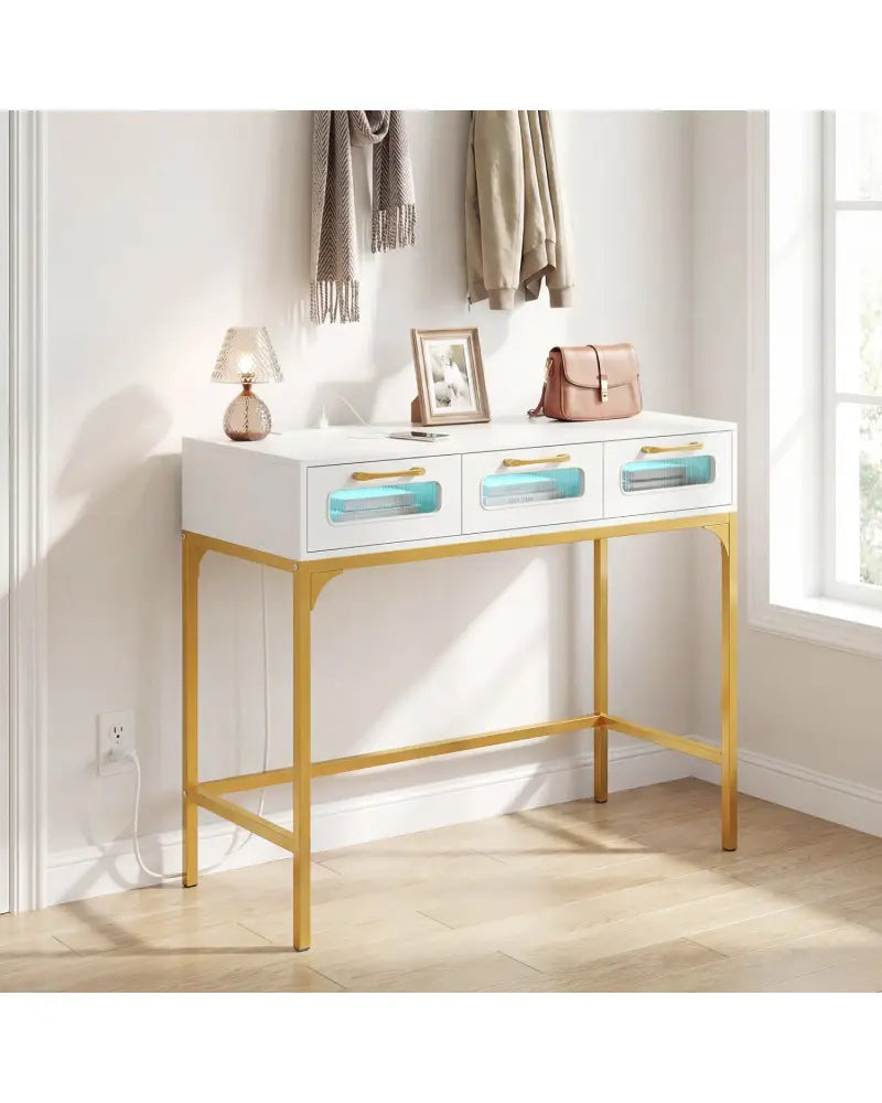 Console Table with LED Lighting and Charging Station for Living Room and Hallway-White - White - Console Tables
