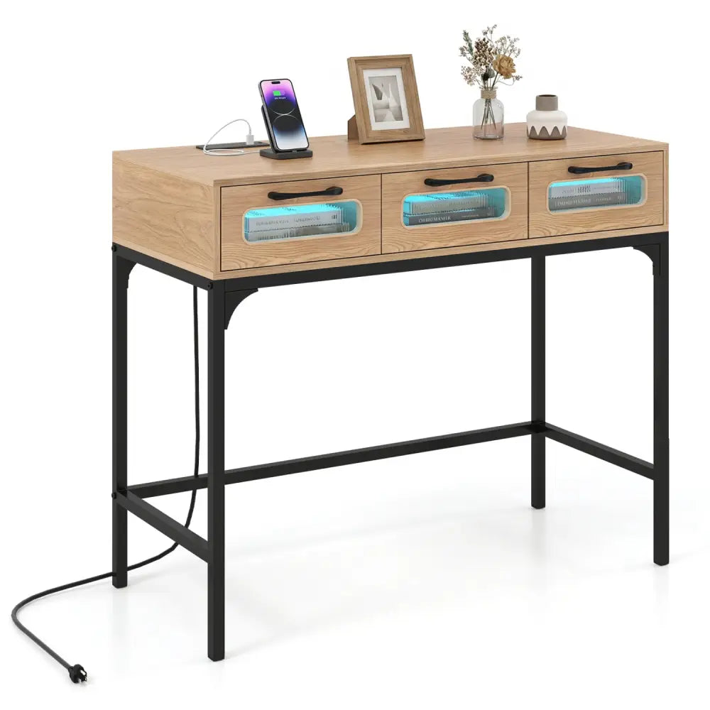 Console Table with LED Lighting and Charging Station for Living Room and Hallway-Natural - Natural - Console Tables