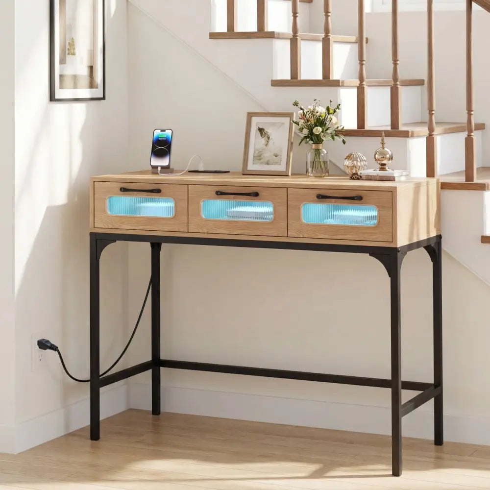 Console Table with LED Lighting and Charging Station for Living Room and Hallway-Natural - Natural - Console Tables