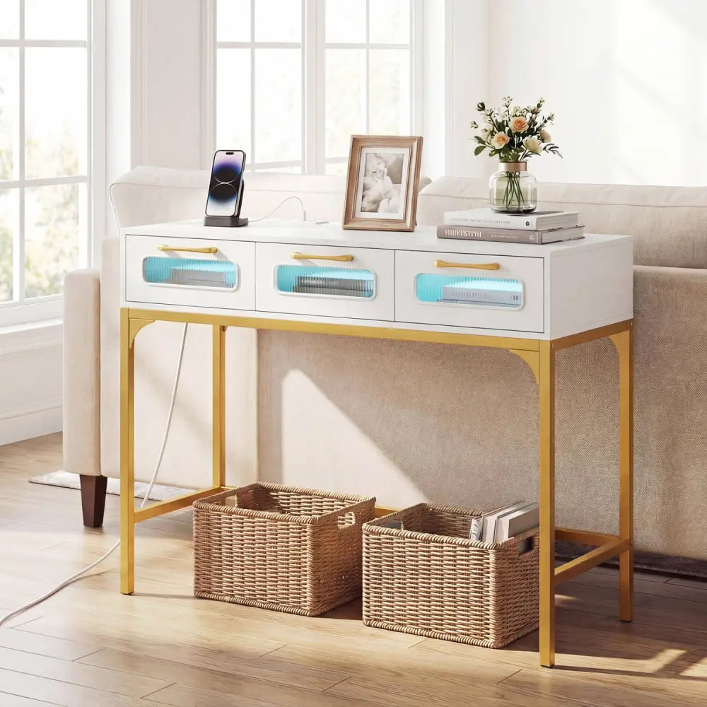 Console Table with LED Lighting and Charging Station for Living Room and Hallway-White - White - Console Tables