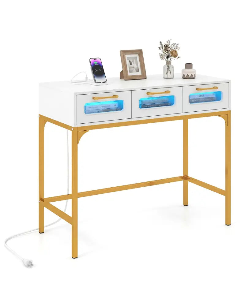 Console Table with LED Lighting and Charging Station for Living Room and Hallway-White - White - Console Tables