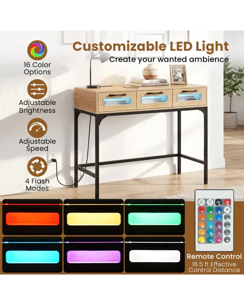 Console Table with LED Lighting and Charging Station for Living Room and Hallway-Natural - Natural - Console Tables