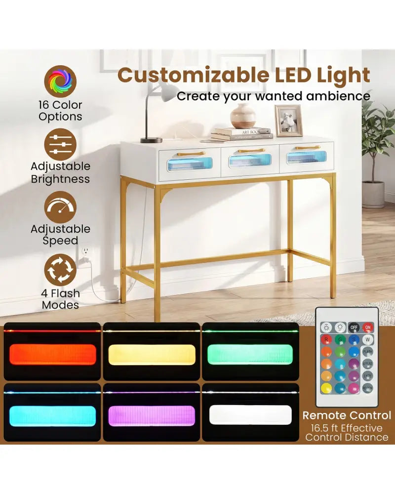 Console Table with LED Lighting and Charging Station for Living Room and Hallway-White - White - Console Tables