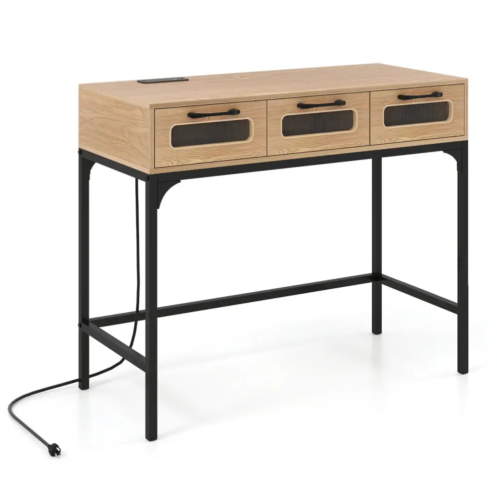 Console Table with LED Lighting and Charging Station for Living Room and Hallway-Natural - Natural - Console Tables